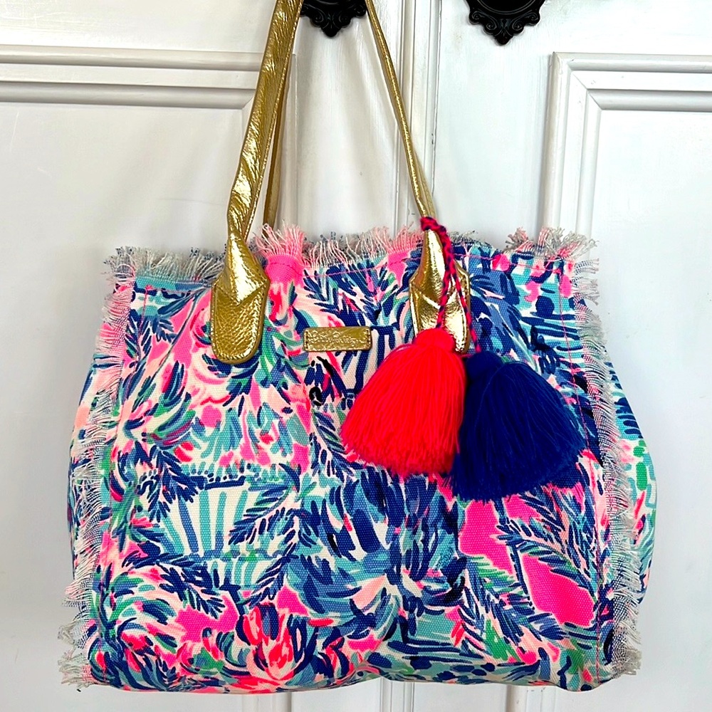 Lilly Pulitzer Printed Canvas Tote bag with gold leather handles & Pom-poms.